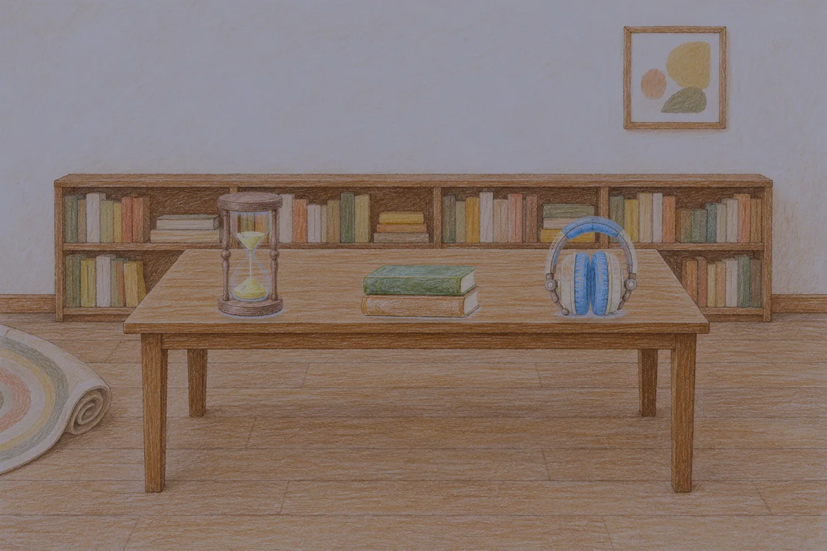 둔촌동 여성전용 발 케어 안내 그림, 밤의 서재 긴 책상 위에 놓인 모래시계, 책 두 권, 헤드폰