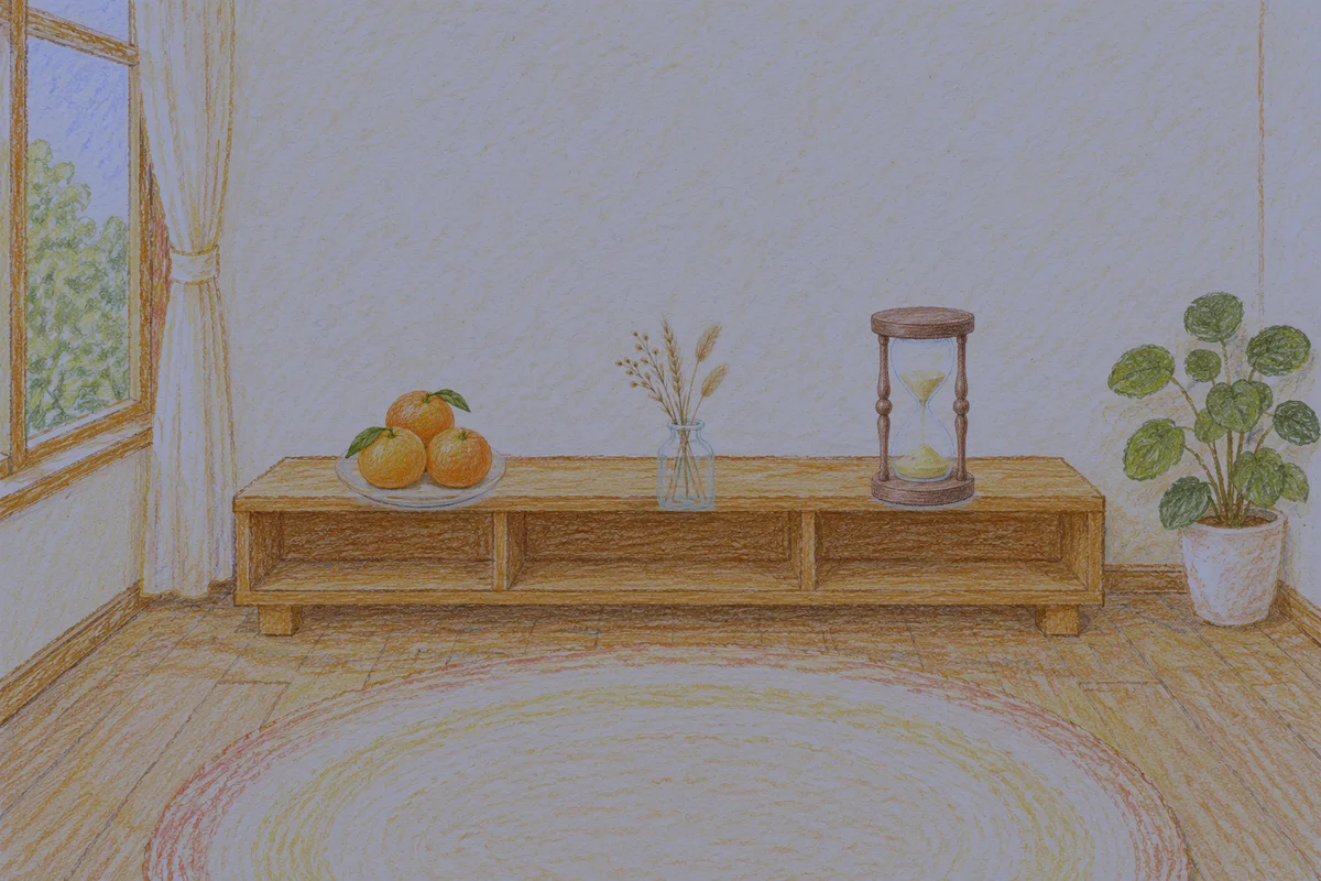 둔촌동 여성전용 발 부종 케어 안내 그림, 밤의 창가 낮은 선반 위에 놓인 귤이 담긴 접시, 마른 풀을 꽂은 항아리, 모래시계
