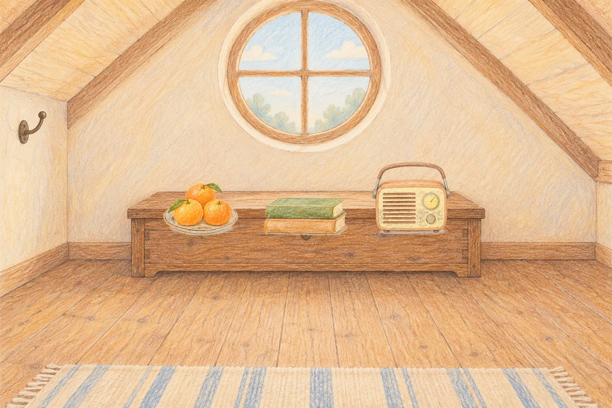 둔촌동 여성전용 발관리 후기 안내 그림, 낮의 다락방 나무 궤짝 위에 놓인 귤이 담긴 접시, 책 두 권, 작은 라디오