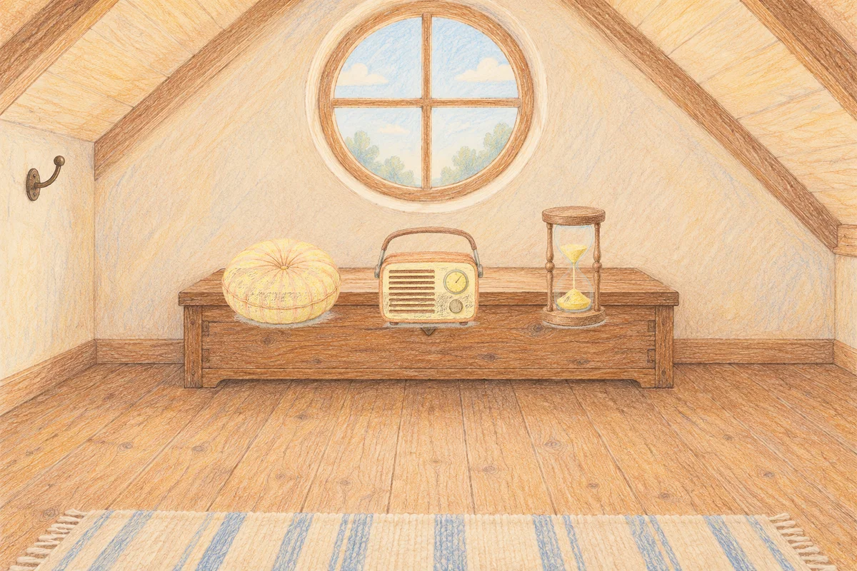 둔촌동 여성전용 셀룰라이트 관리 안내 그림, 낮의 다락방 나무 궤짝 위에 놓인 둥근 쿠션, 작은 라디오, 모래시계