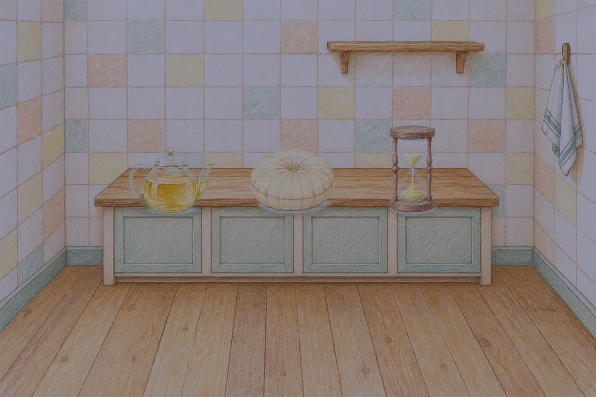 둔촌동 여성전용 바디 케어 안내 그림, 밤의 부엌 나무 조리대 위에 놓인 유리 티포트, 둥근 쿠션, 모래시계
