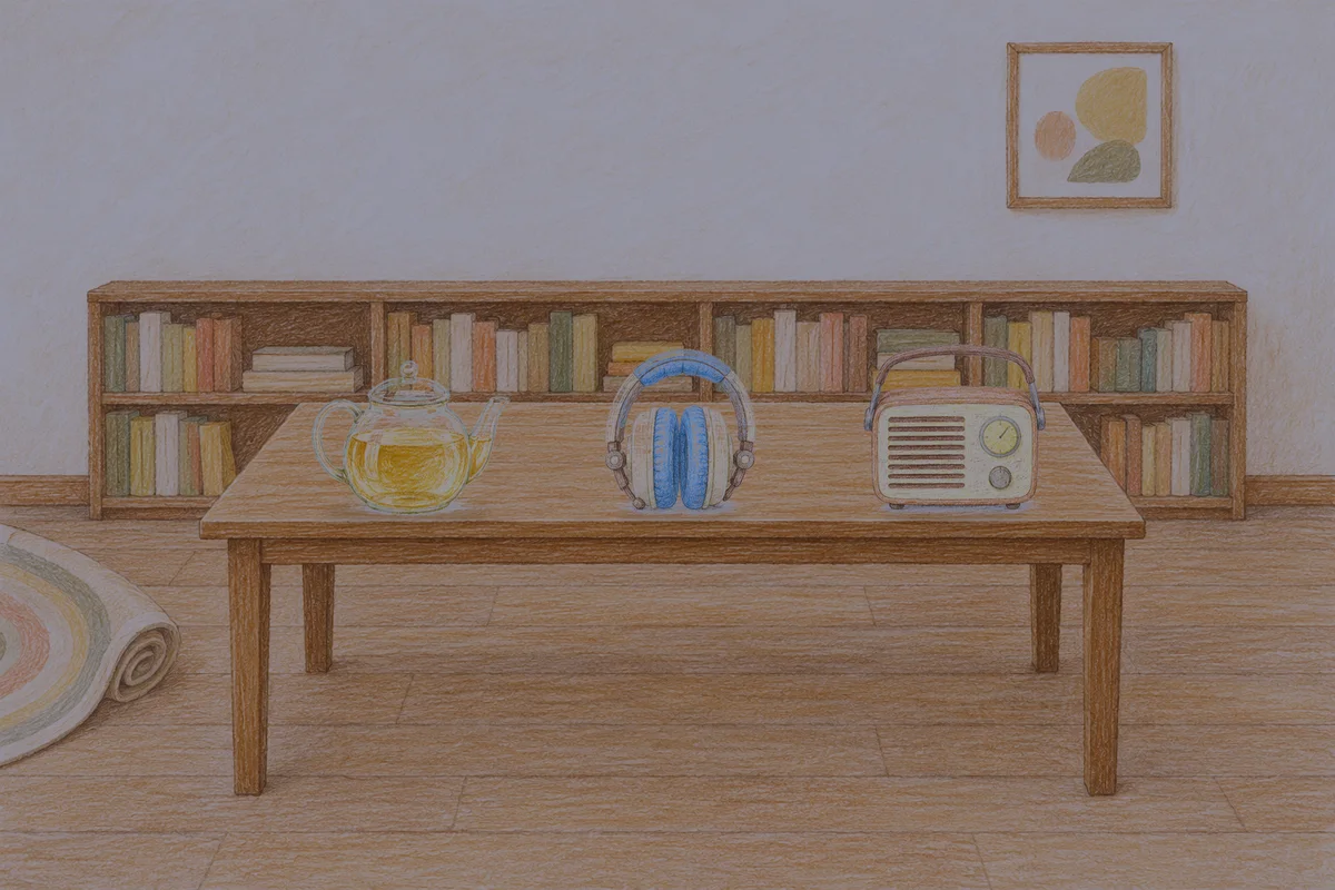 둔촌동 여성전용 복부 마사지 안내 그림, 밤의 서재 긴 책상 위에 놓인 유리 티포트, 헤드폰, 작은 라디오