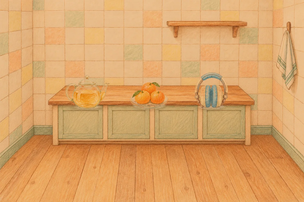둔촌동 여성전용 종아리 케어 안내 그림, 저녁의 부엌 나무 조리대 위에 놓인 유리 티포트, 귤이 담긴 접시, 헤드폰