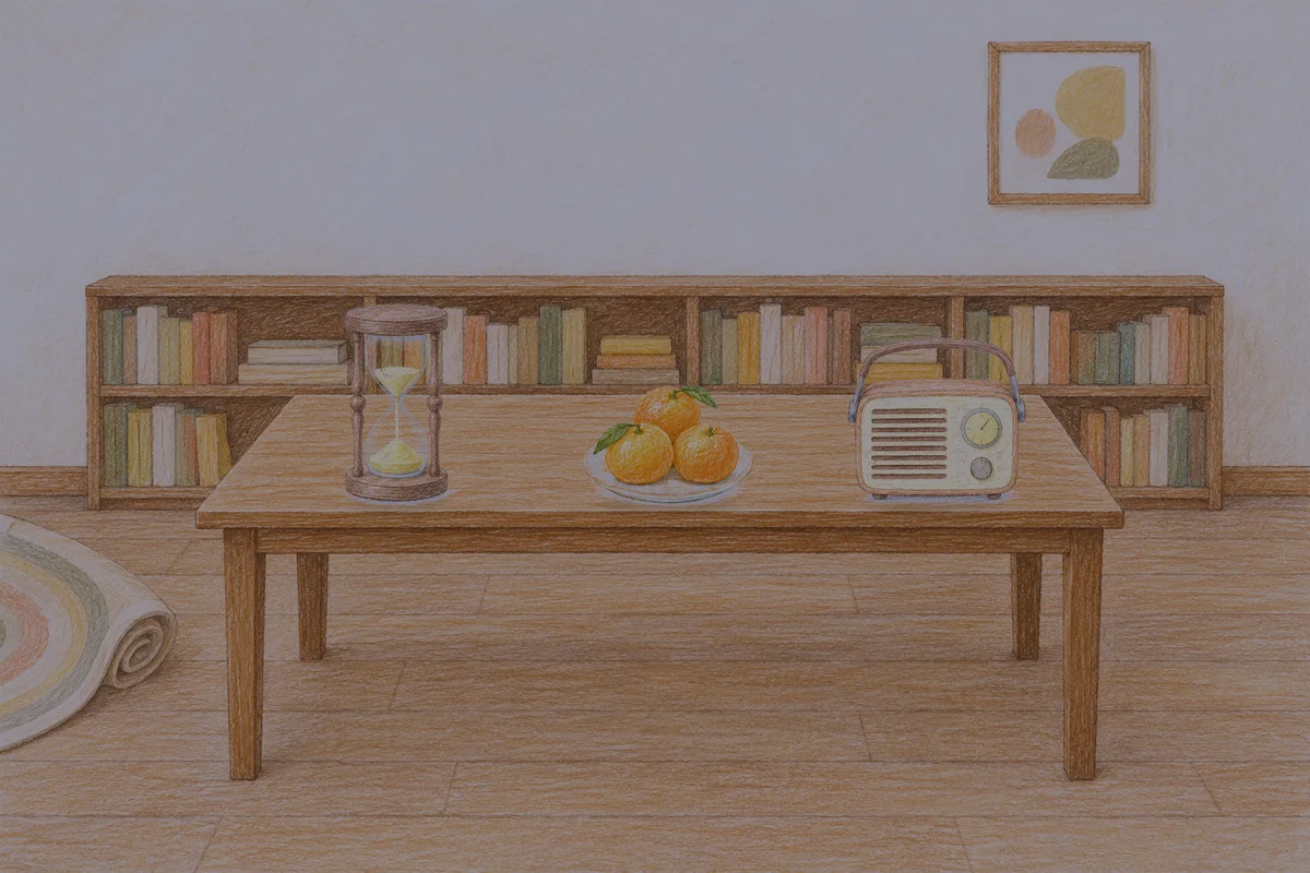 둔촌동 여성전용 두피 마사지 안내 그림, 밤의 서재 긴 책상 위에 놓인 모래시계, 귤이 담긴 접시, 작은 라디오