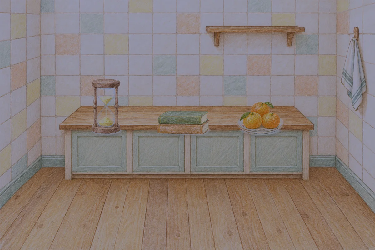 둔촌동 여성전용 두통 완화 마사지 안내 그림, 밤의 부엌 나무 조리대 위에 놓인 모래시계, 책 두 권, 귤이 담긴 접시
