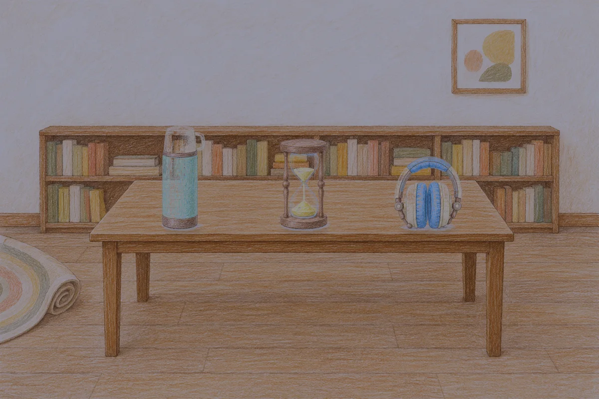 둔촌동 여성전용 얼굴 마사지 안내 그림, 밤의 서재 긴 책상 위에 놓인 보온병, 모래시계, 헤드폰