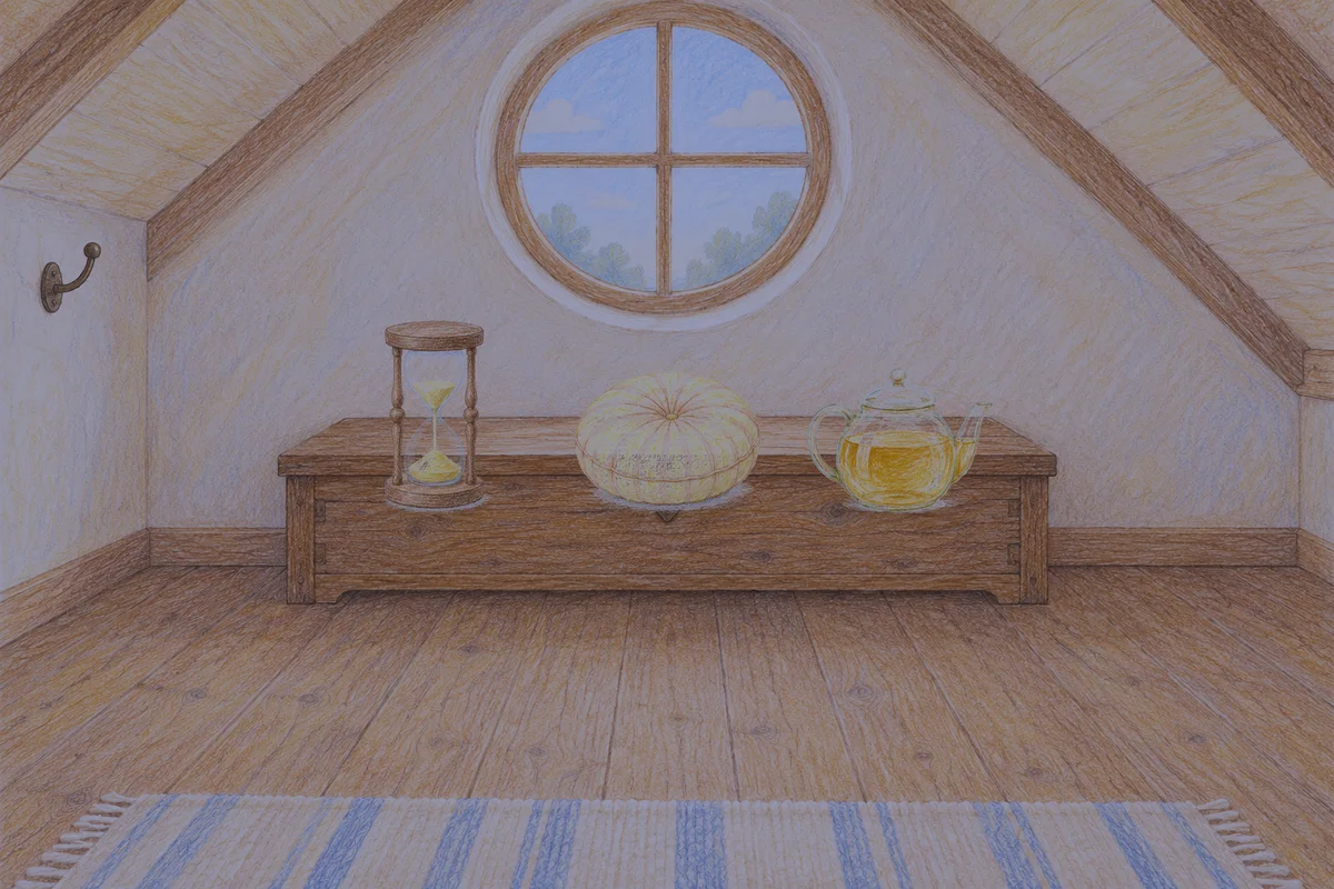 둔촌동 여성전용 피부 관리 안내 그림, 밤의 다락방 나무 궤짝 위에 놓인 모래시계, 둥근 쿠션, 유리 티포트