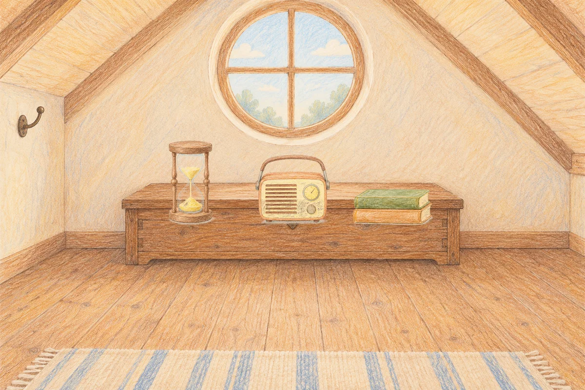 둔촌동 여성전용 샵 마사지 안내 그림, 낮의 다락방 나무 궤짝 위에 놓인 모래시계, 작은 라디오, 책 두 권
