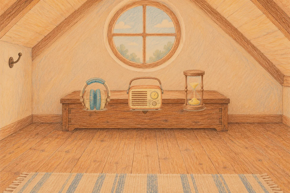 둔촌동 여성전용 가격 마사지 안내 그림, 저녁의 다락방 나무 궤짝 위에 놓인 헤드폰, 작은 라디오, 모래시계