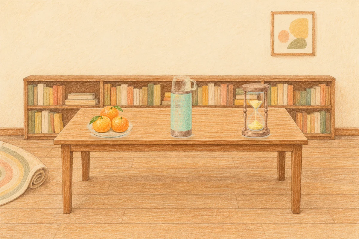 둔촌동 여성전용 출장 마사지 안내 그림, 낮의 서재 긴 책상 위에 놓인 귤이 담긴 접시, 보온병, 모래시계