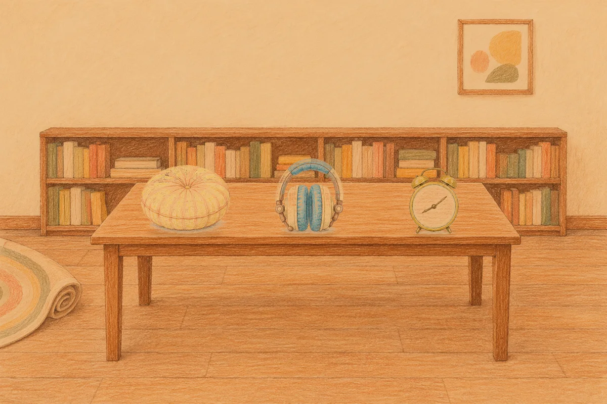 둔촌동 여성전용 출장 마사지 후기 안내 그림, 저녁의 서재 긴 책상 위에 놓인 둥근 쿠션, 헤드폰, 둥근 알람시계