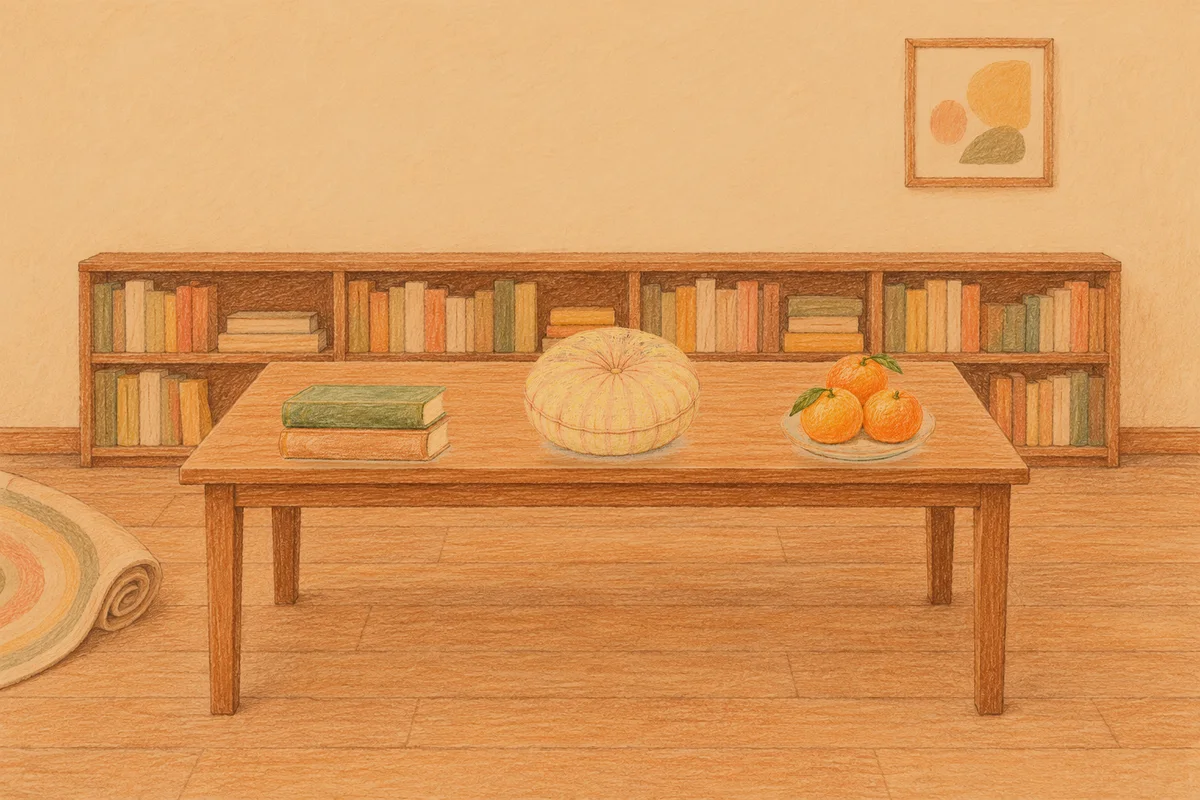 암사동 여성전용 스웨디시 마사지 안내 그림, 저녁의 서재 긴 책상 위에 놓인 책 두 권, 둥근 쿠션, 귤이 담긴 접시