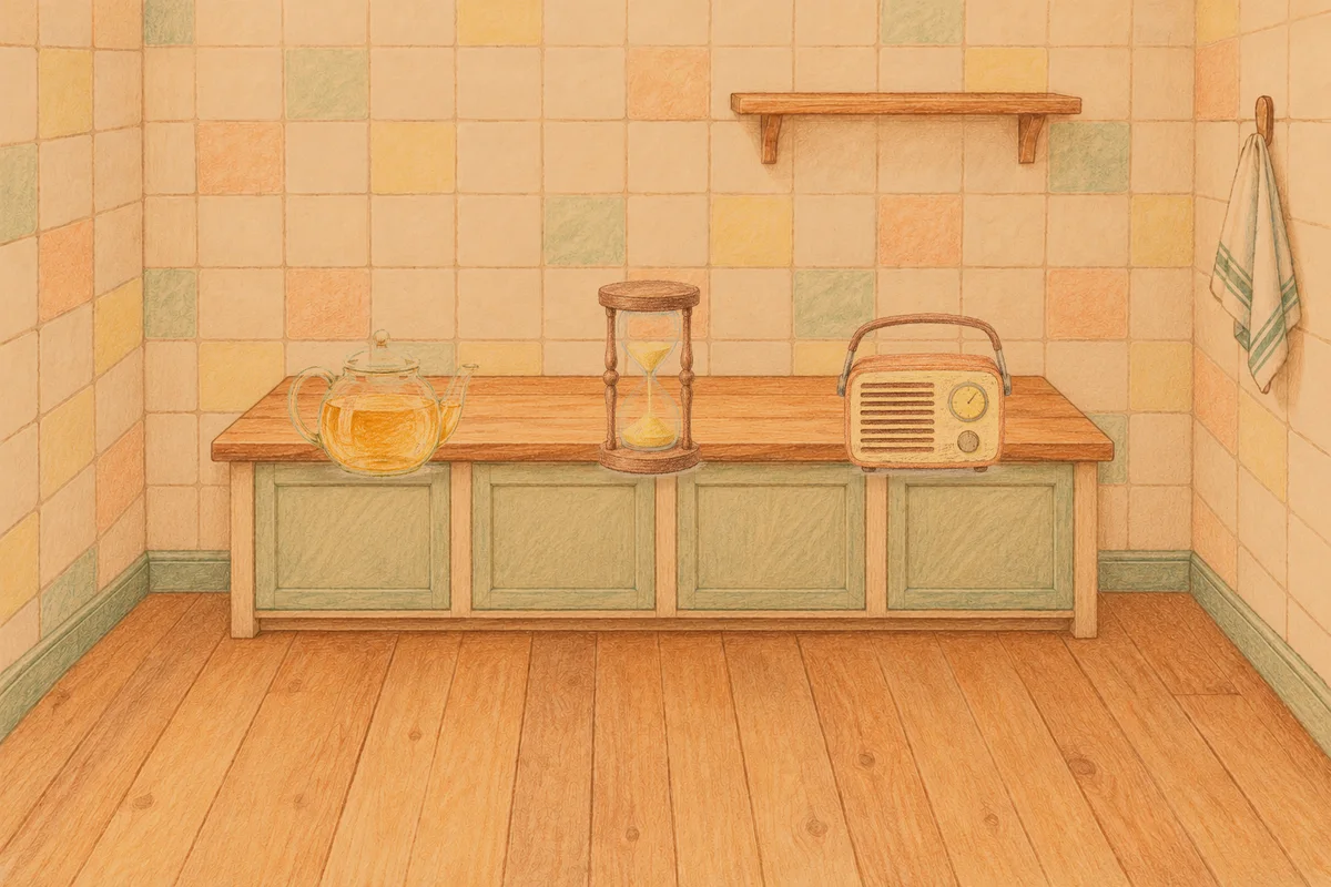 암사동 여성전용 아로마테라피 안내 그림, 저녁의 부엌 나무 조리대 위에 놓인 유리 티포트, 모래시계, 작은 라디오