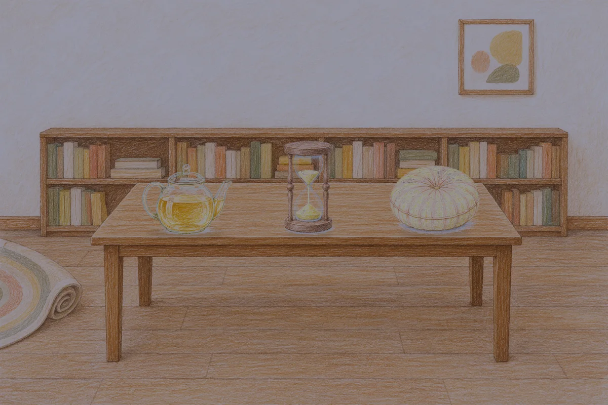 암사동 여성전용 아로마 마사지 후기 안내 그림, 밤의 서재 긴 책상 위에 놓인 유리 티포트, 모래시계, 둥근 쿠션
