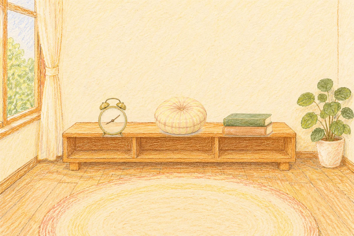 암사동 여성전용 아로마 가격 안내 그림, 낮의 창가 낮은 선반 위에 놓인 둥근 알람시계, 둥근 쿠션, 책 두 권