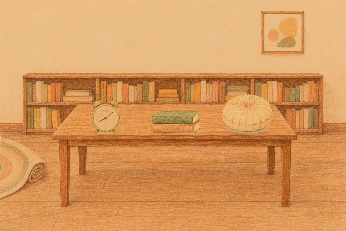 암사동 여성전용 스웨디시 추천 안내 그림, 저녁의 서재 긴 책상 위에 놓인 둥근 알람시계, 책 두 권, 둥근 쿠션