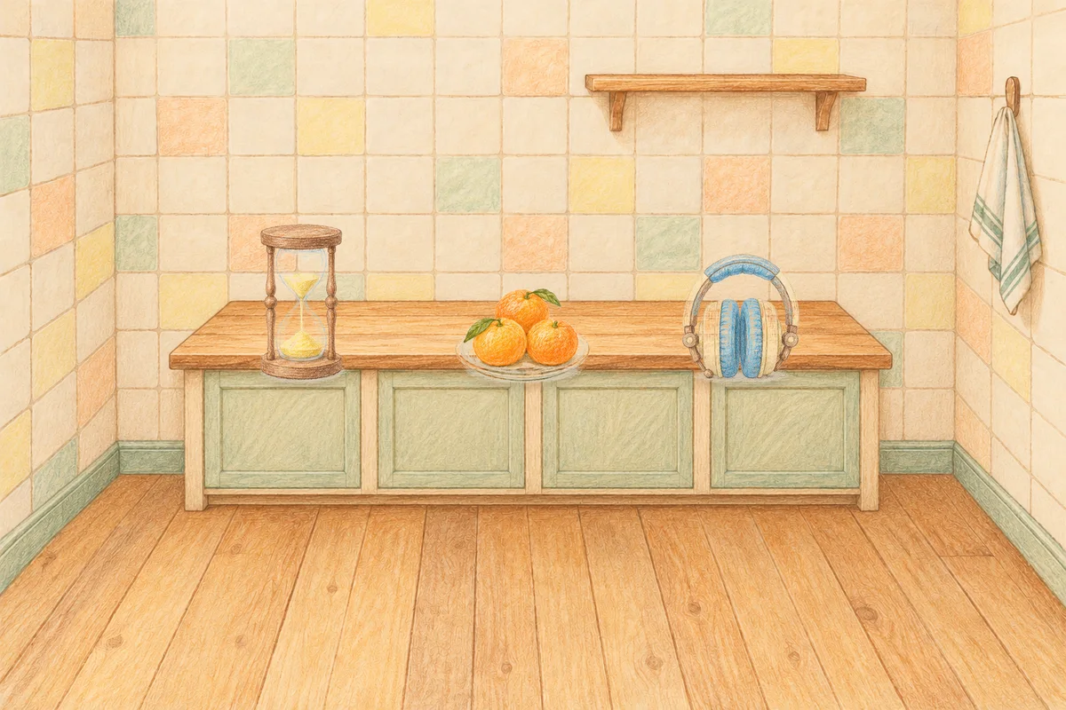 암사동 여성전용 아로마 추천 안내 그림, 낮의 부엌 나무 조리대 위에 놓인 모래시계, 귤이 담긴 접시, 헤드폰
