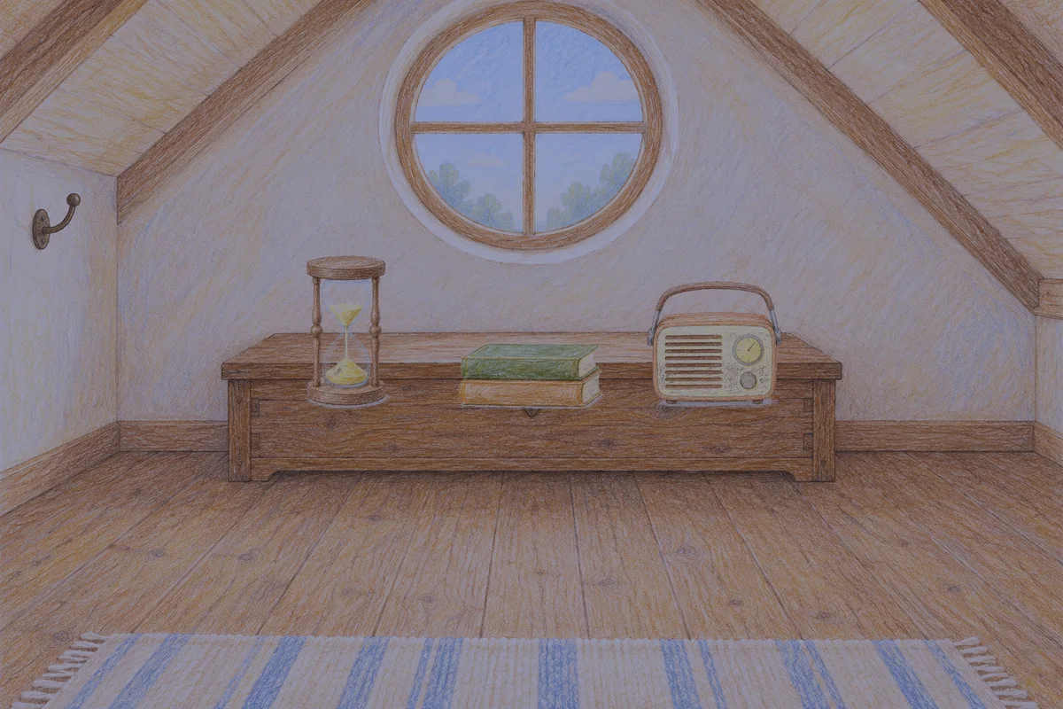 암사동 여성전용 경락 케어 안내 그림, 밤의 다락방 나무 궤짝 위에 놓인 모래시계, 책 두 권, 작은 라디오