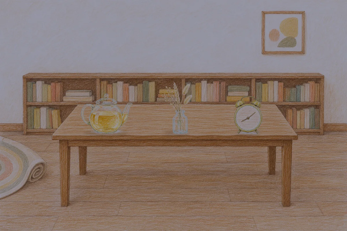 암사동 여성전용 얼굴 경락 안내 그림, 밤의 서재 긴 책상 위에 놓인 유리 티포트, 마른 풀을 꽂은 항아리, 둥근 알람시계