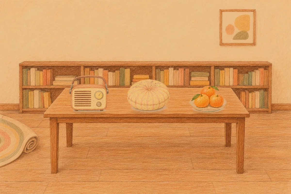 암사동 여성전용 경락마사지 후기 안내 그림, 저녁의 서재 긴 책상 위에 놓인 작은 라디오, 둥근 쿠션, 귤이 담긴 접시