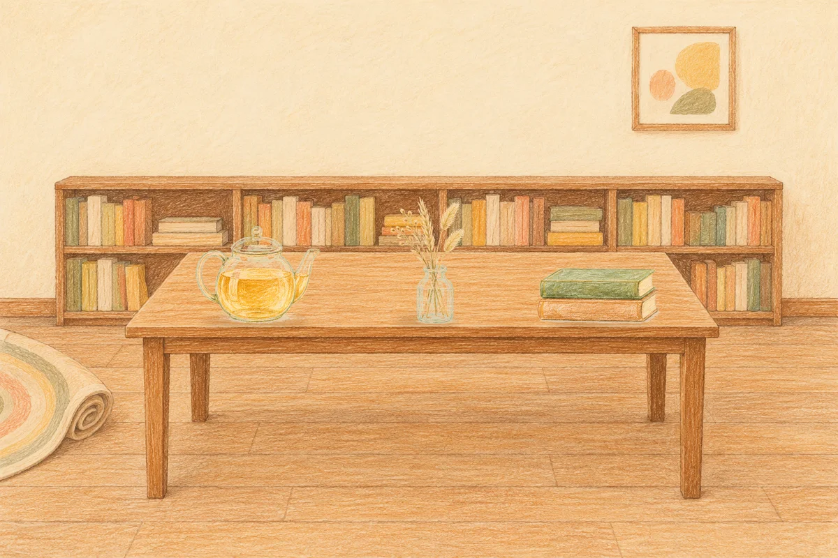 암사동 여성전용 홈케어 안내 그림, 낮의 서재 긴 책상 위에 놓인 유리 티포트, 마른 풀을 꽂은 항아리, 책 두 권