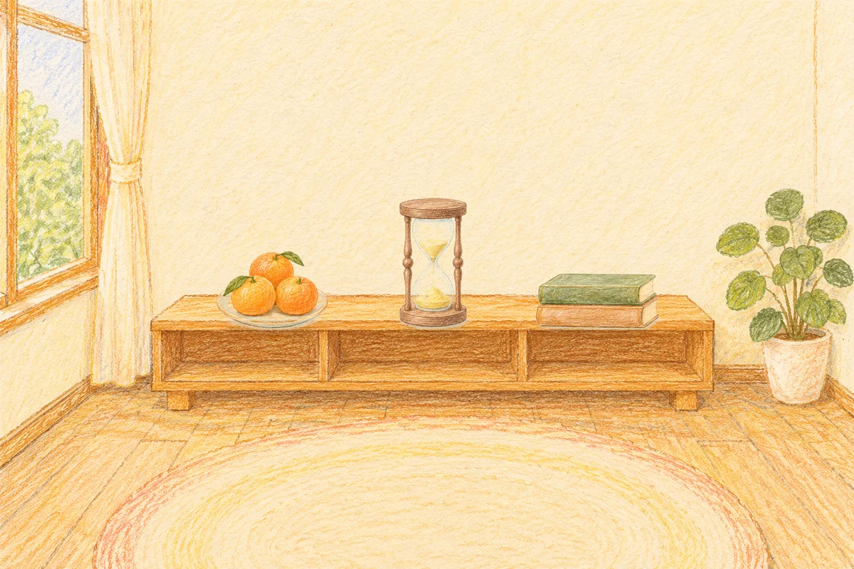 암사동 여성전용 홈케어 서비스 안내 그림, 낮의 창가 낮은 선반 위에 놓인 귤이 담긴 접시, 모래시계, 책 두 권