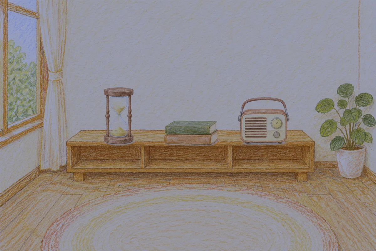 암사동 여성전용 홈케어 추천 안내 그림, 밤의 창가 낮은 선반 위에 놓인 모래시계, 책 두 권, 작은 라디오