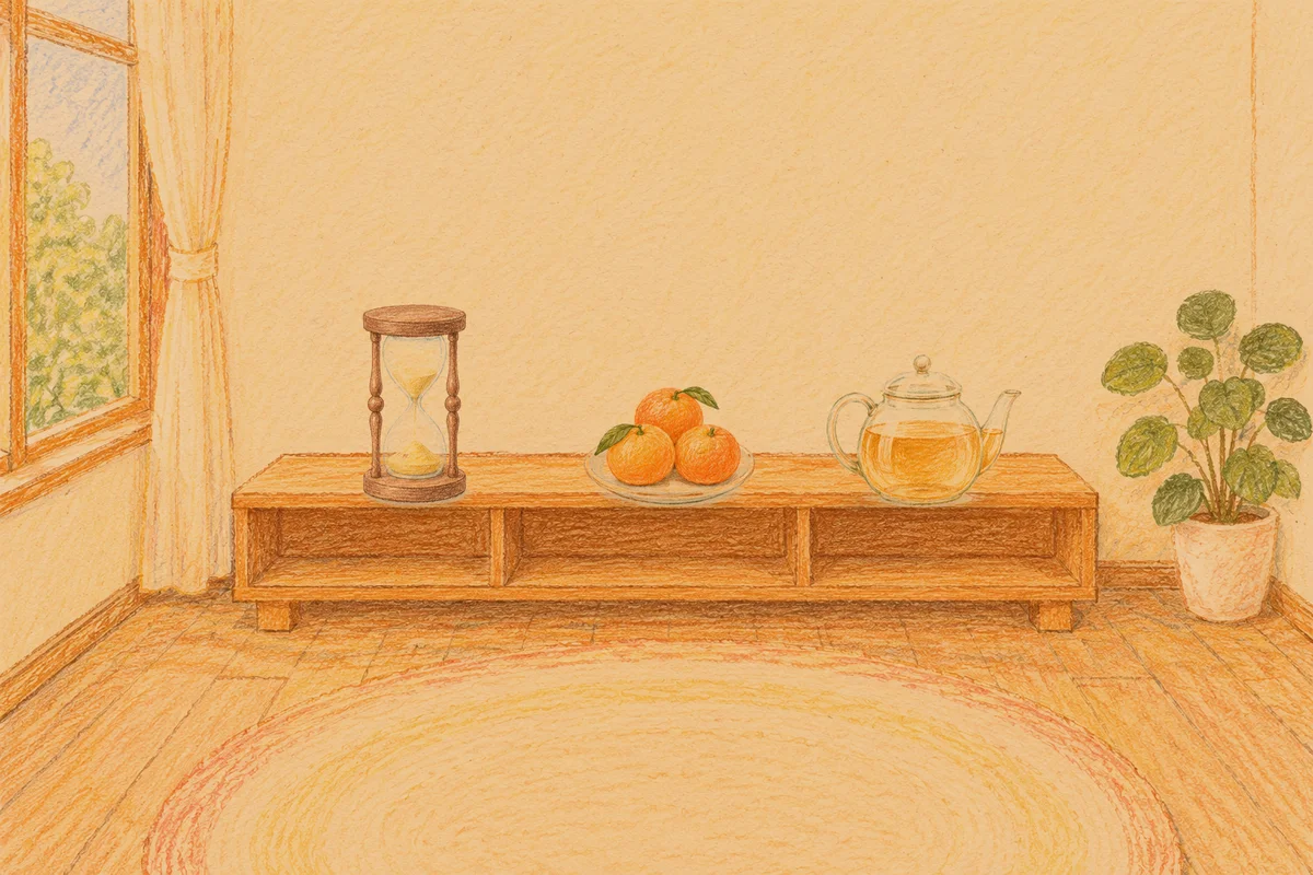 암사동 여성전용 발관리 안내 그림, 저녁의 창가 낮은 선반 위에 놓인 모래시계, 귤이 담긴 접시, 유리 티포트
