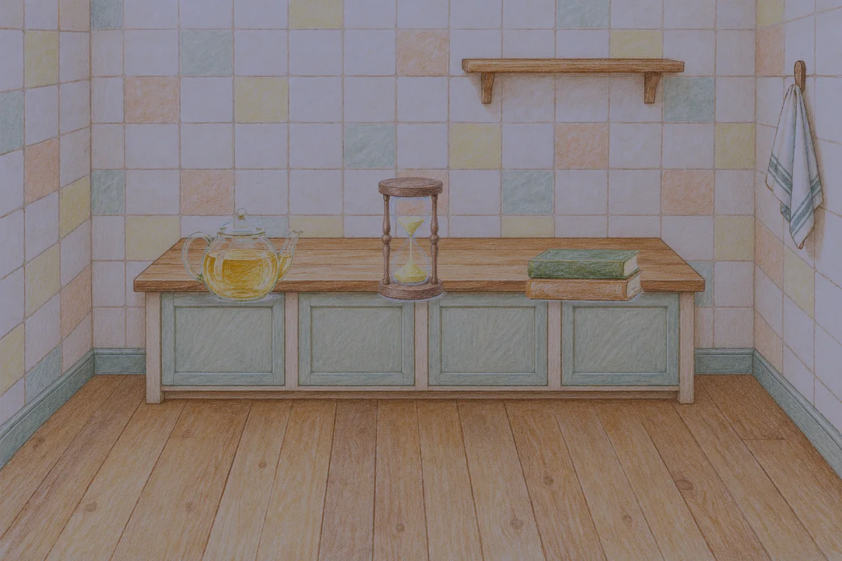 암사동 여성전용 발 케어 안내 그림, 밤의 부엌 나무 조리대 위에 놓인 유리 티포트, 모래시계, 책 두 권