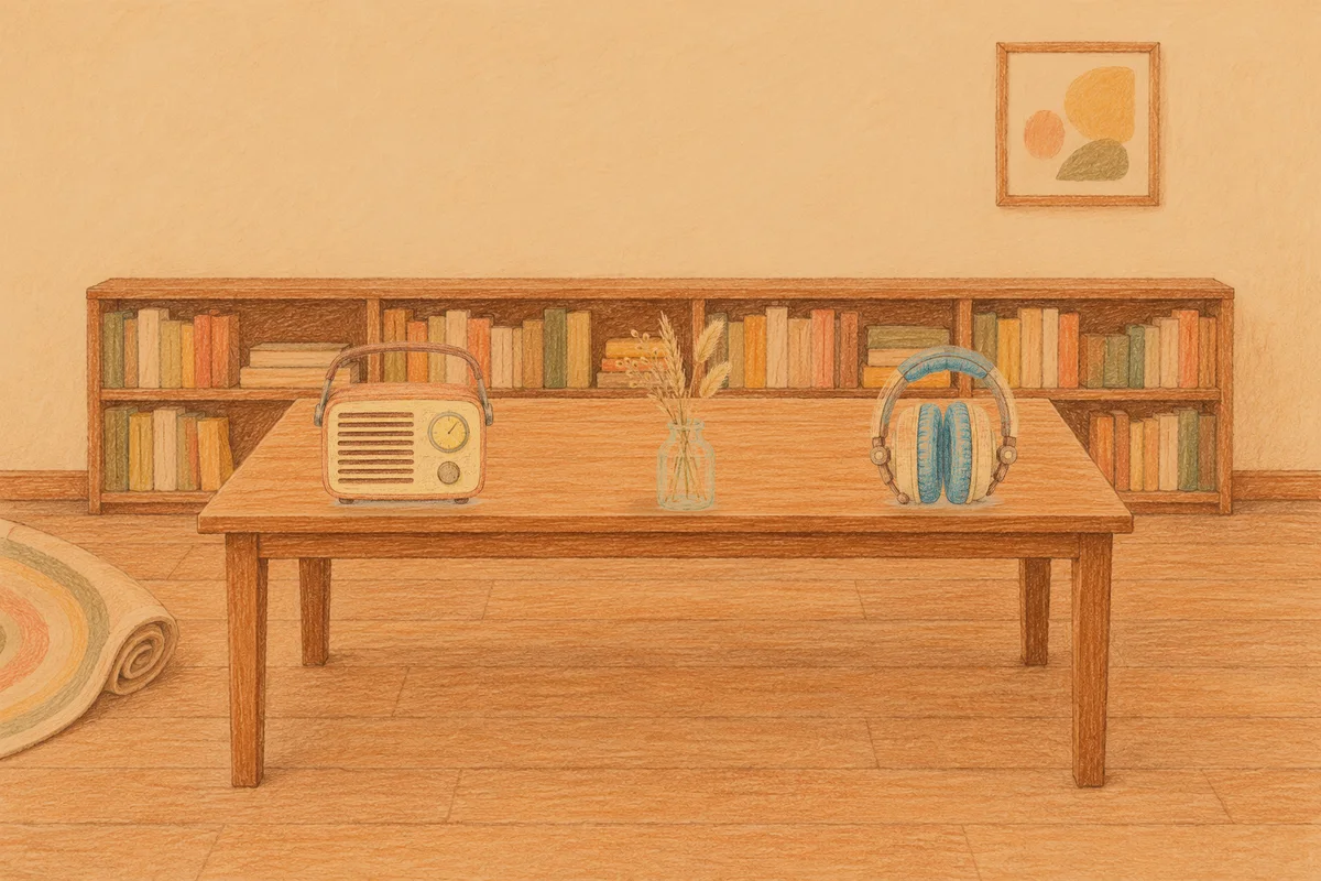 암사동 여성전용 발 부종 케어 안내 그림, 저녁의 서재 긴 책상 위에 놓인 작은 라디오, 마른 풀을 꽂은 항아리, 헤드폰