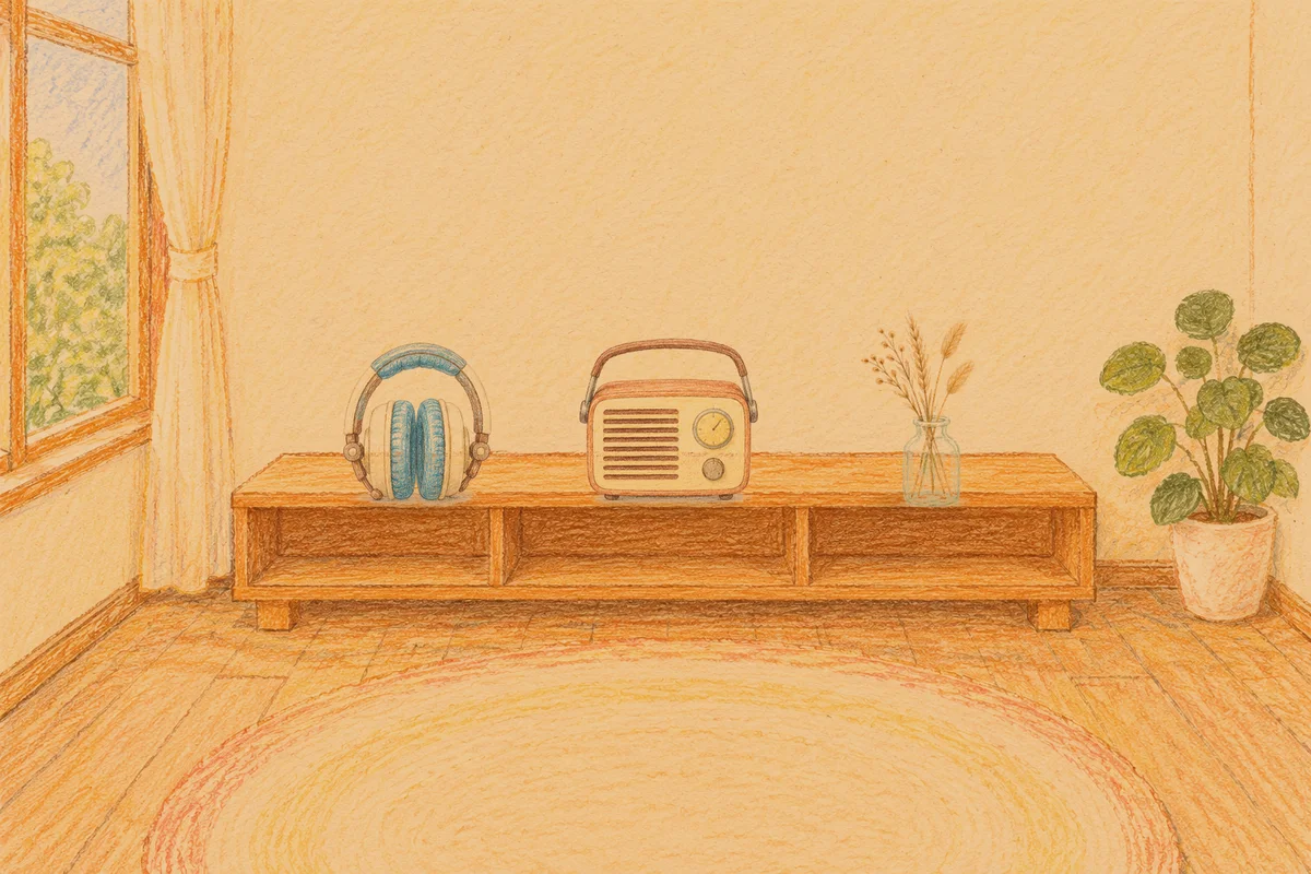 암사동 여성전용 림프 마사지 안내 그림, 저녁의 창가 낮은 선반 위에 놓인 헤드폰, 작은 라디오, 마른 풀을 꽂은 항아리