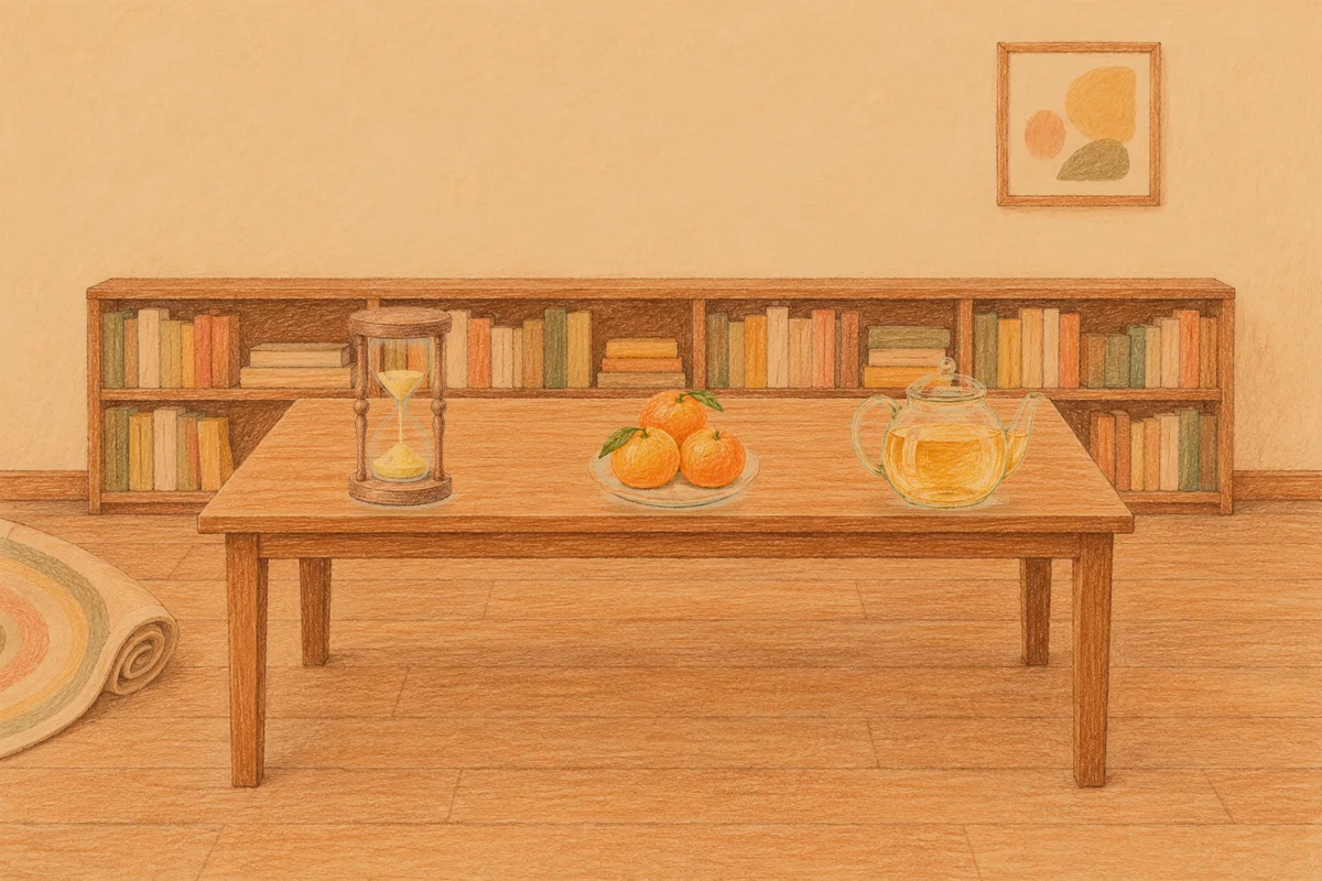 암사동 여성전용 바디 케어 안내 그림, 저녁의 서재 긴 책상 위에 놓인 모래시계, 귤이 담긴 접시, 유리 티포트