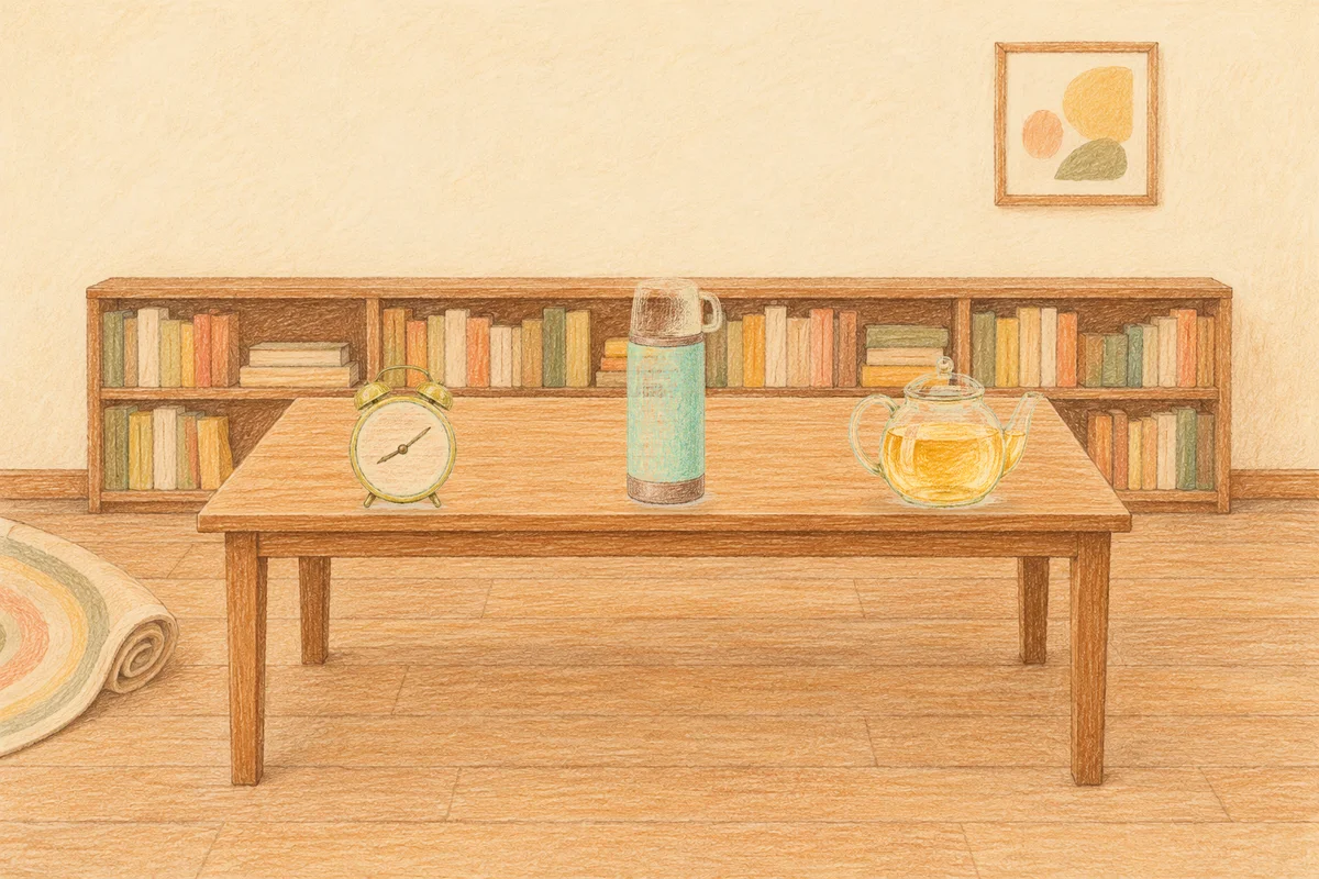암사동 여성전용 슬리밍 마사지 안내 그림, 낮의 서재 긴 책상 위에 놓인 둥근 알람시계, 보온병, 유리 티포트