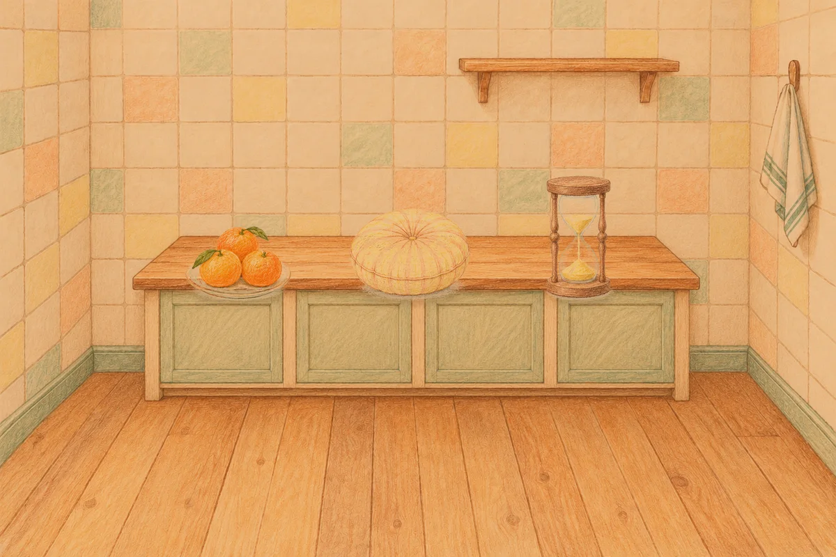 암사동 여성전용 디톡스 마사지 안내 그림, 저녁의 부엌 나무 조리대 위에 놓인 귤이 담긴 접시, 둥근 쿠션, 모래시계