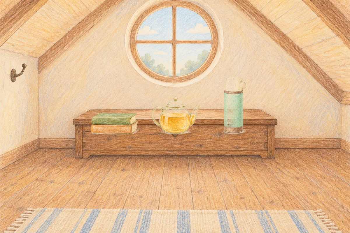 암사동 여성전용 종아리 케어 안내 그림, 낮의 다락방 나무 궤짝 위에 놓인 책 두 권, 유리 티포트, 보온병