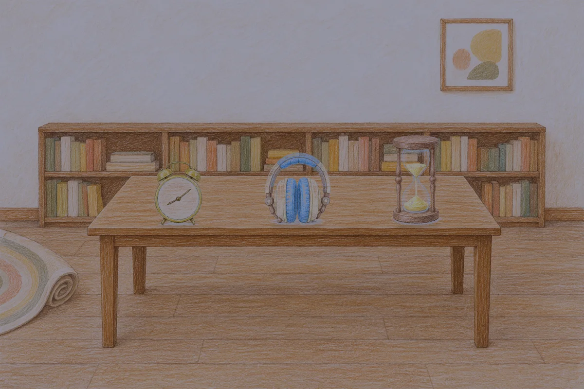 암사동 여성전용 등 마사지 안내 그림, 밤의 서재 긴 책상 위에 놓인 둥근 알람시계, 헤드폰, 모래시계