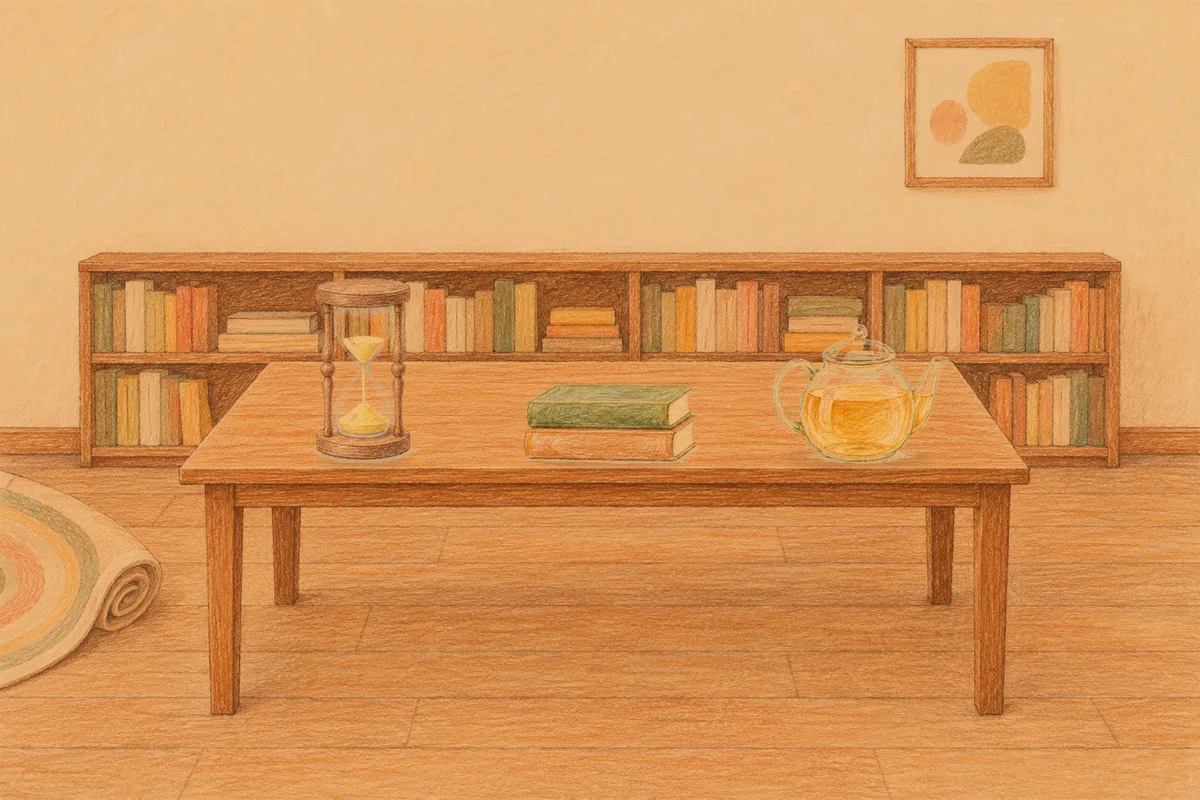 암사동 여성전용 두피 마사지 안내 그림, 저녁의 서재 긴 책상 위에 놓인 모래시계, 책 두 권, 유리 티포트