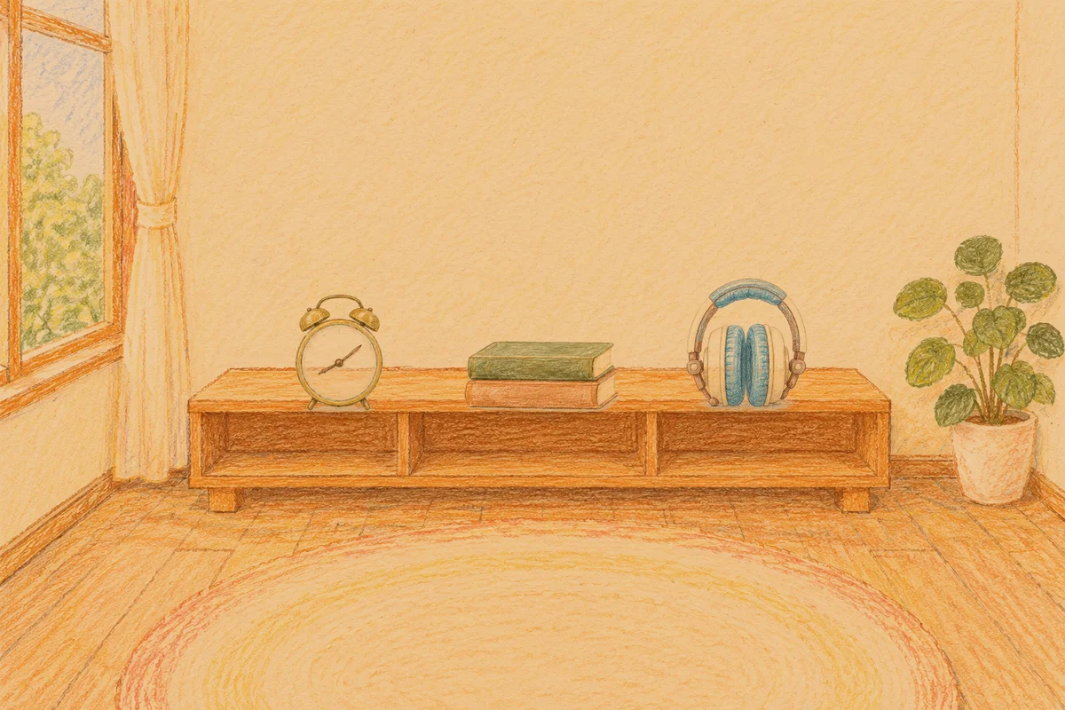 암사동 여성전용 두피 케어 안내 그림, 저녁의 창가 낮은 선반 위에 놓인 둥근 알람시계, 책 두 권, 헤드폰