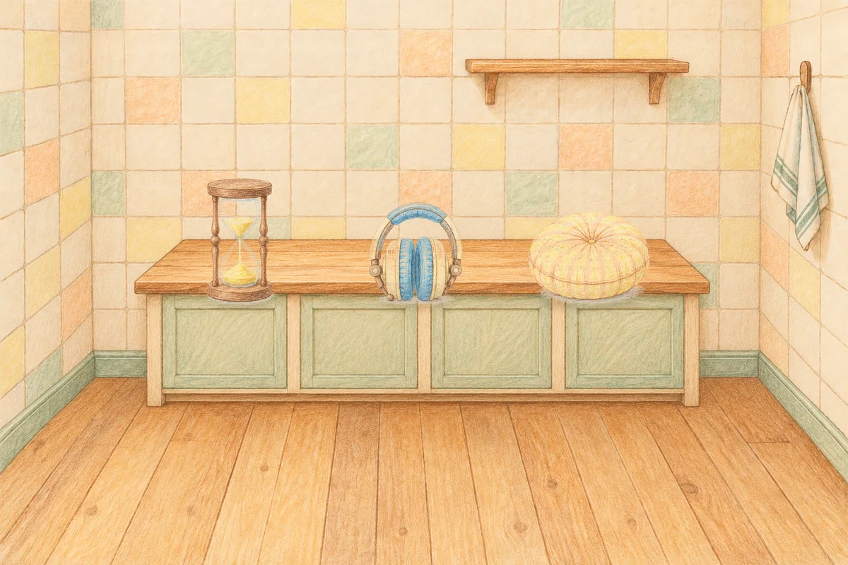 암사동 여성전용 어깨 마사지 안내 그림, 낮의 부엌 나무 조리대 위에 놓인 모래시계, 헤드폰, 둥근 쿠션