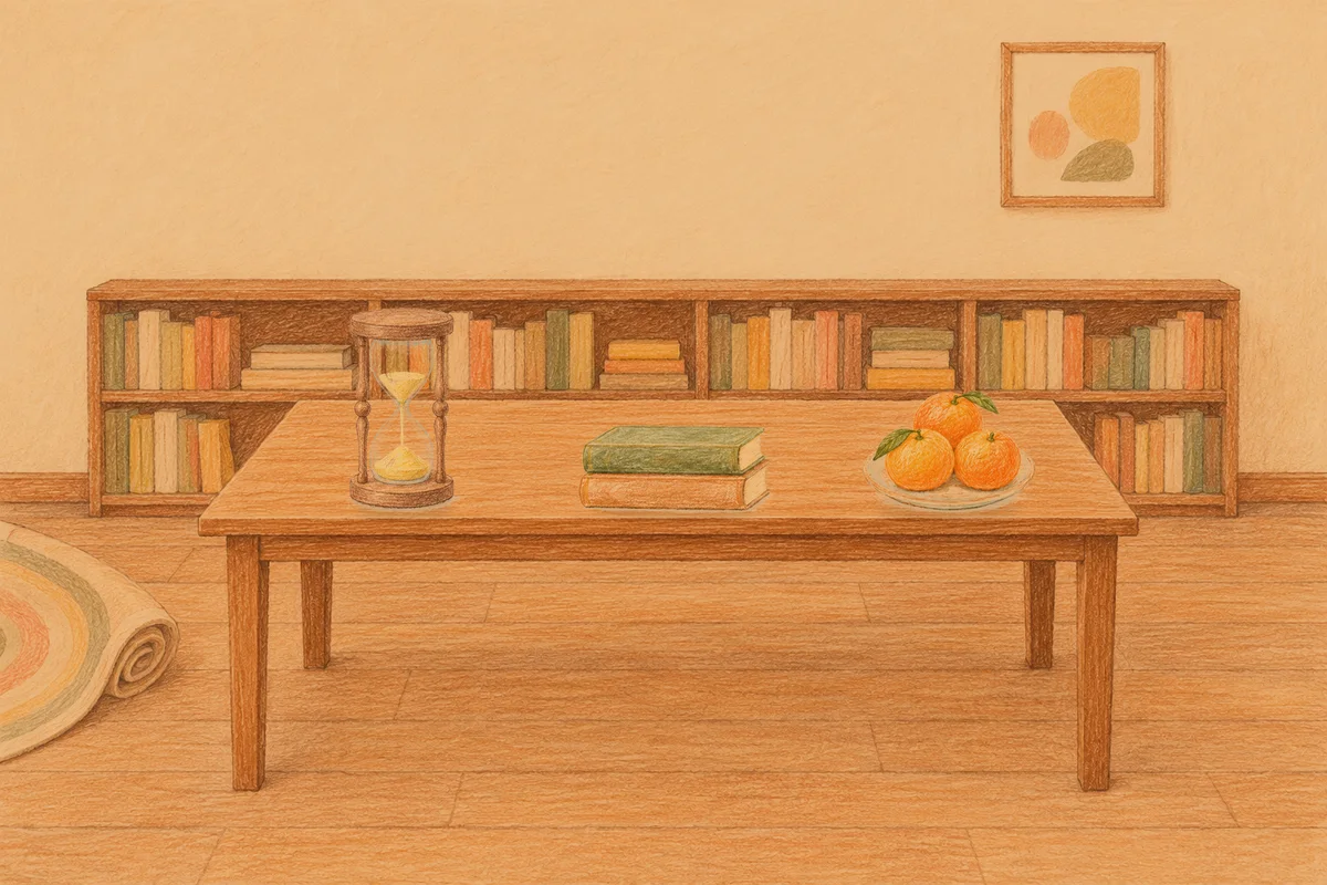 암사동 여성전용 목 어깨 케어 안내 그림, 저녁의 서재 긴 책상 위에 놓인 모래시계, 책 두 권, 귤이 담긴 접시