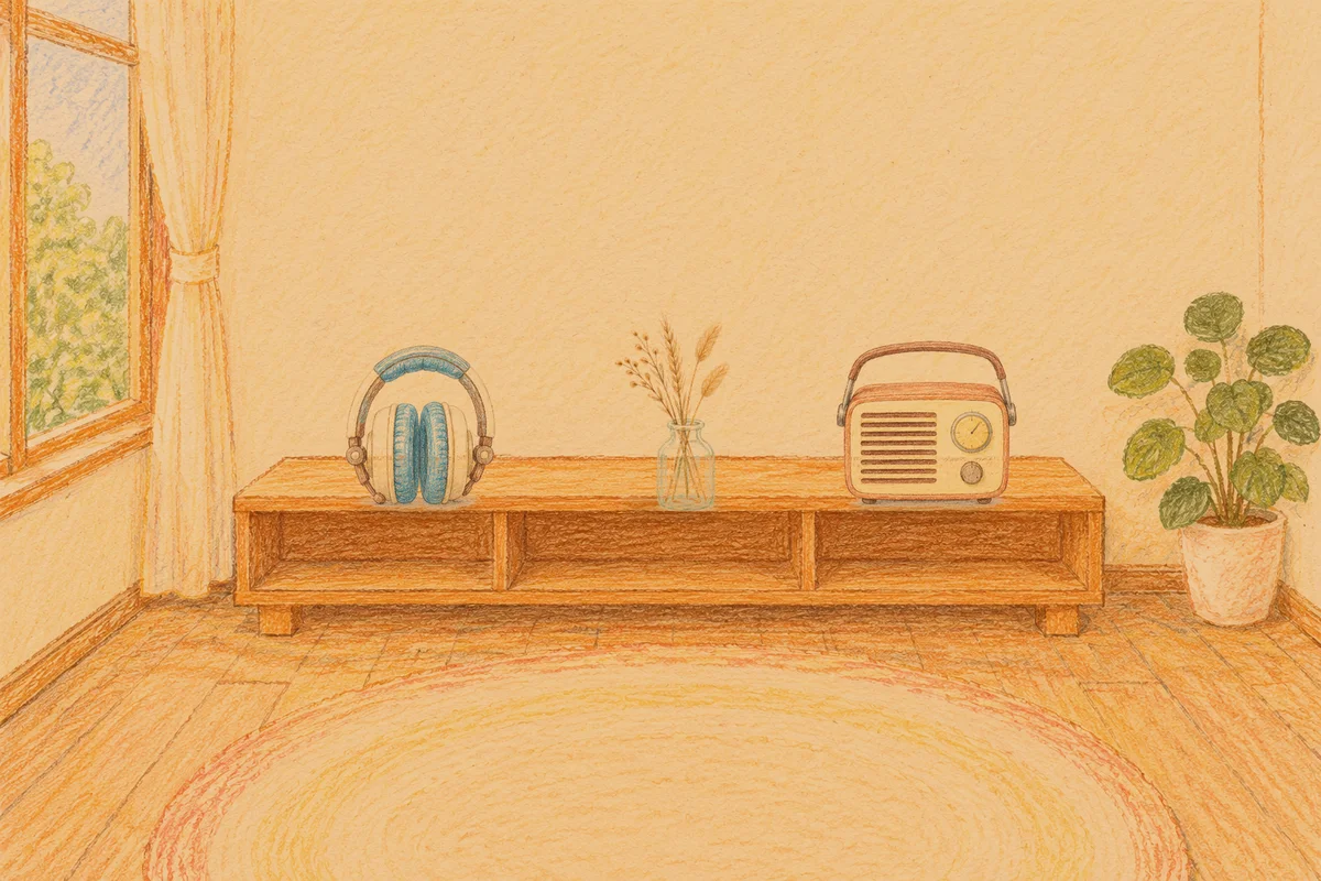 암사동 여성전용 스트레스 케어 안내 그림, 저녁의 창가 낮은 선반 위에 놓인 헤드폰, 마른 풀을 꽂은 항아리, 작은 라디오