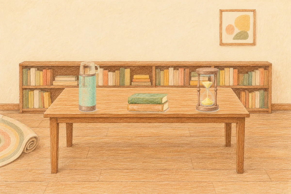 암사동 여성전용 피로 회복 마사지 안내 그림, 낮의 서재 긴 책상 위에 놓인 보온병, 책 두 권, 모래시계