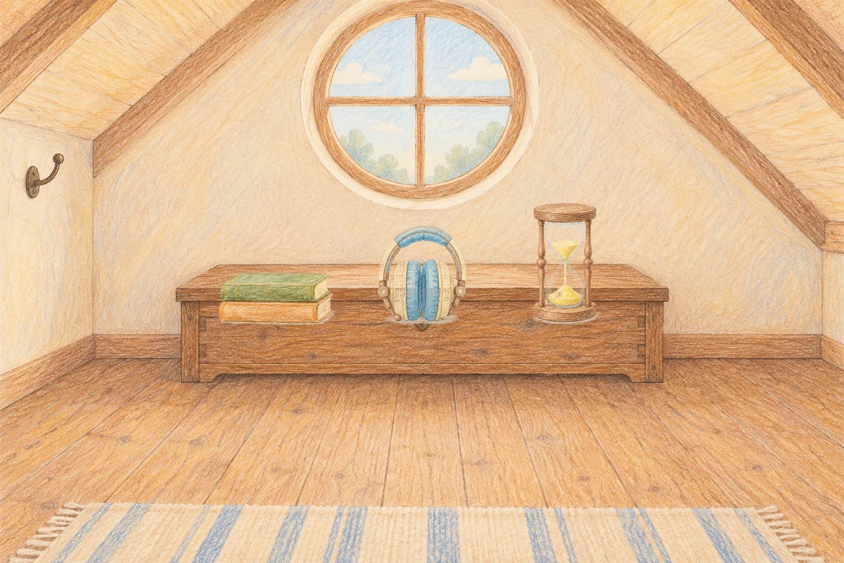 암사동 여성전용 예약 마사지 안내 그림, 낮의 다락방 나무 궤짝 위에 놓인 책 두 권, 헤드폰, 모래시계