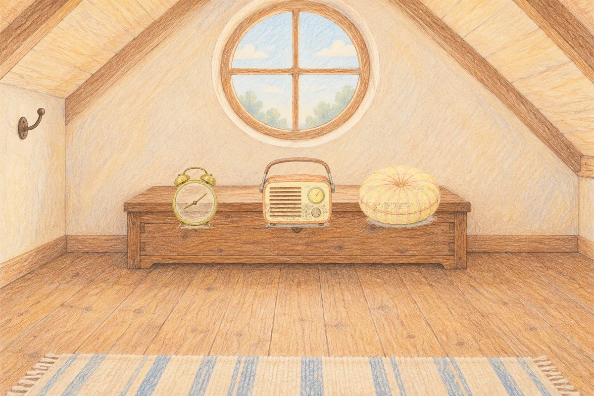 암사동 여성전용 가격 마사지 안내 그림, 낮의 다락방 나무 궤짝 위에 놓인 둥근 알람시계, 작은 라디오, 둥근 쿠션