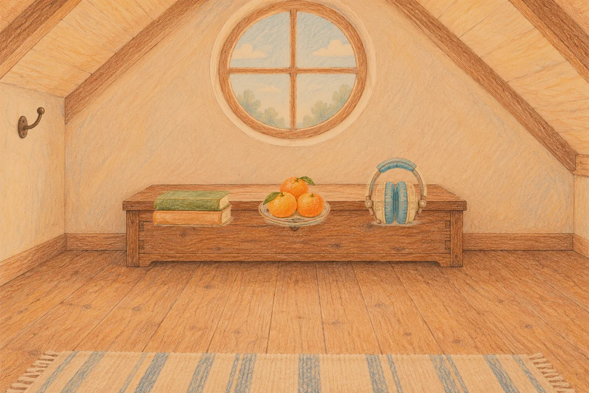 명일동 여성전용 아로마 마사지 안내 그림, 저녁의 다락방 나무 궤짝 위에 놓인 책 두 권, 귤이 담긴 접시, 헤드폰