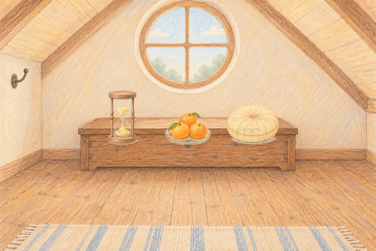 명일동 여성전용 스웨디시 후기 안내 그림, 낮의 다락방 나무 궤짝 위에 놓인 모래시계, 귤이 담긴 접시, 둥근 쿠션