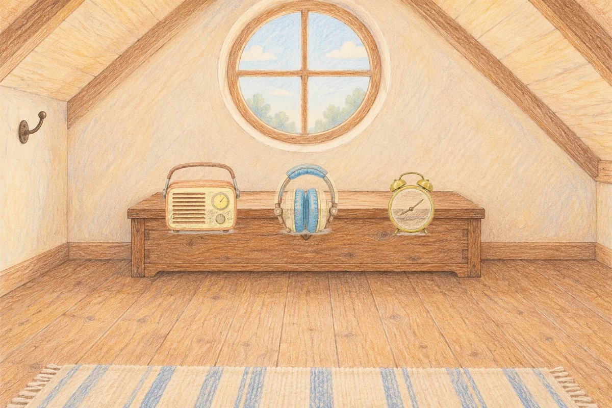 명일동 여성전용 아로마 마사지 후기 안내 그림, 낮의 다락방 나무 궤짝 위에 놓인 작은 라디오, 헤드폰, 둥근 알람시계