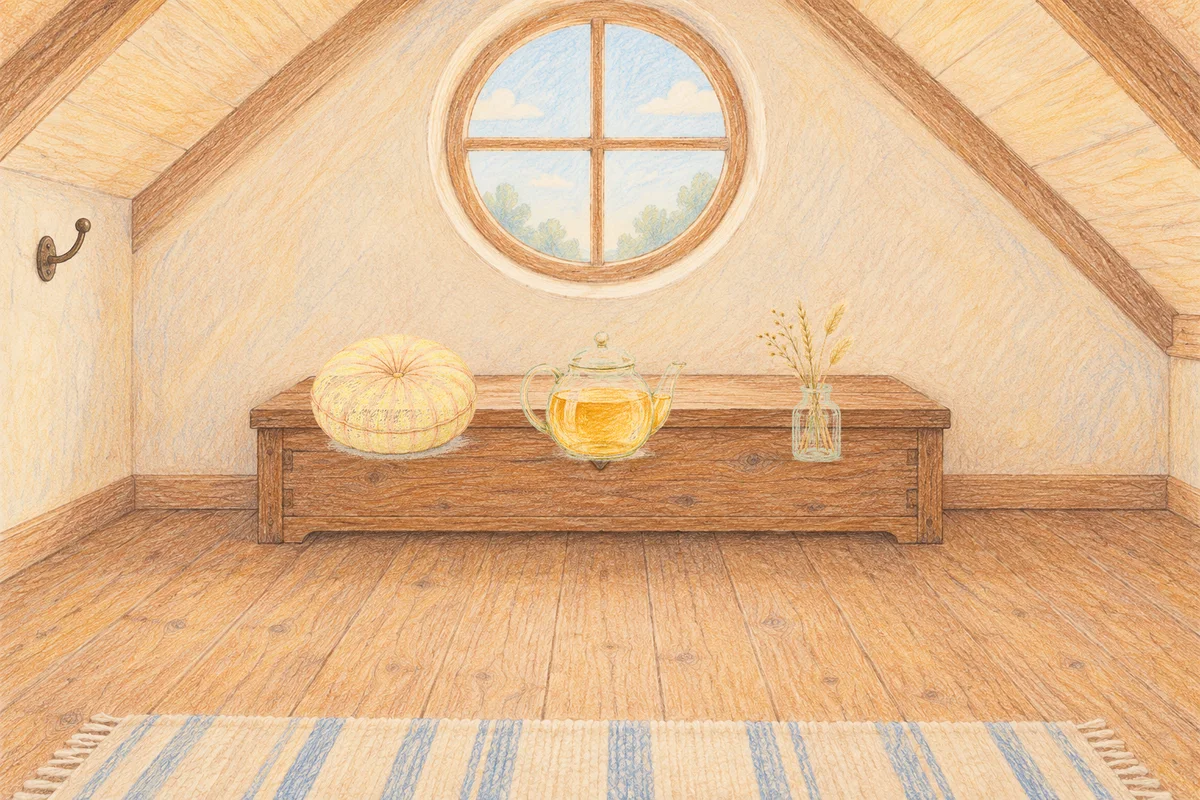 명일동 여성전용 아로마 추천 안내 그림, 낮의 다락방 나무 궤짝 위에 놓인 둥근 쿠션, 유리 티포트, 마른 풀을 꽂은 항아리
