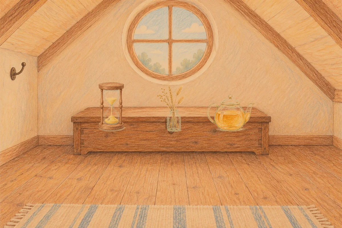 명일동 여성전용 경락마사지 안내 그림, 저녁의 다락방 나무 궤짝 위에 놓인 모래시계, 마른 풀을 꽂은 항아리, 유리 티포트