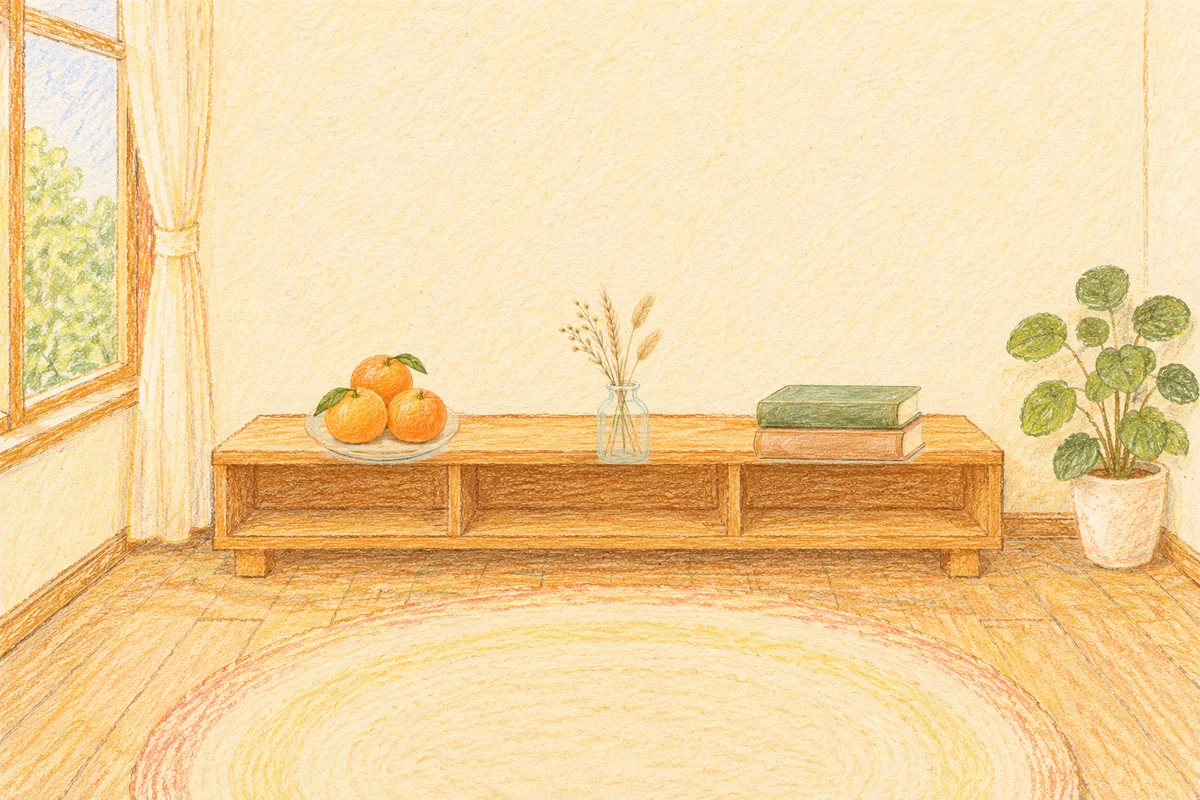 명일동 여성전용 경락 케어 안내 그림, 낮의 창가 낮은 선반 위에 놓인 귤이 담긴 접시, 마른 풀을 꽂은 항아리, 책 두 권